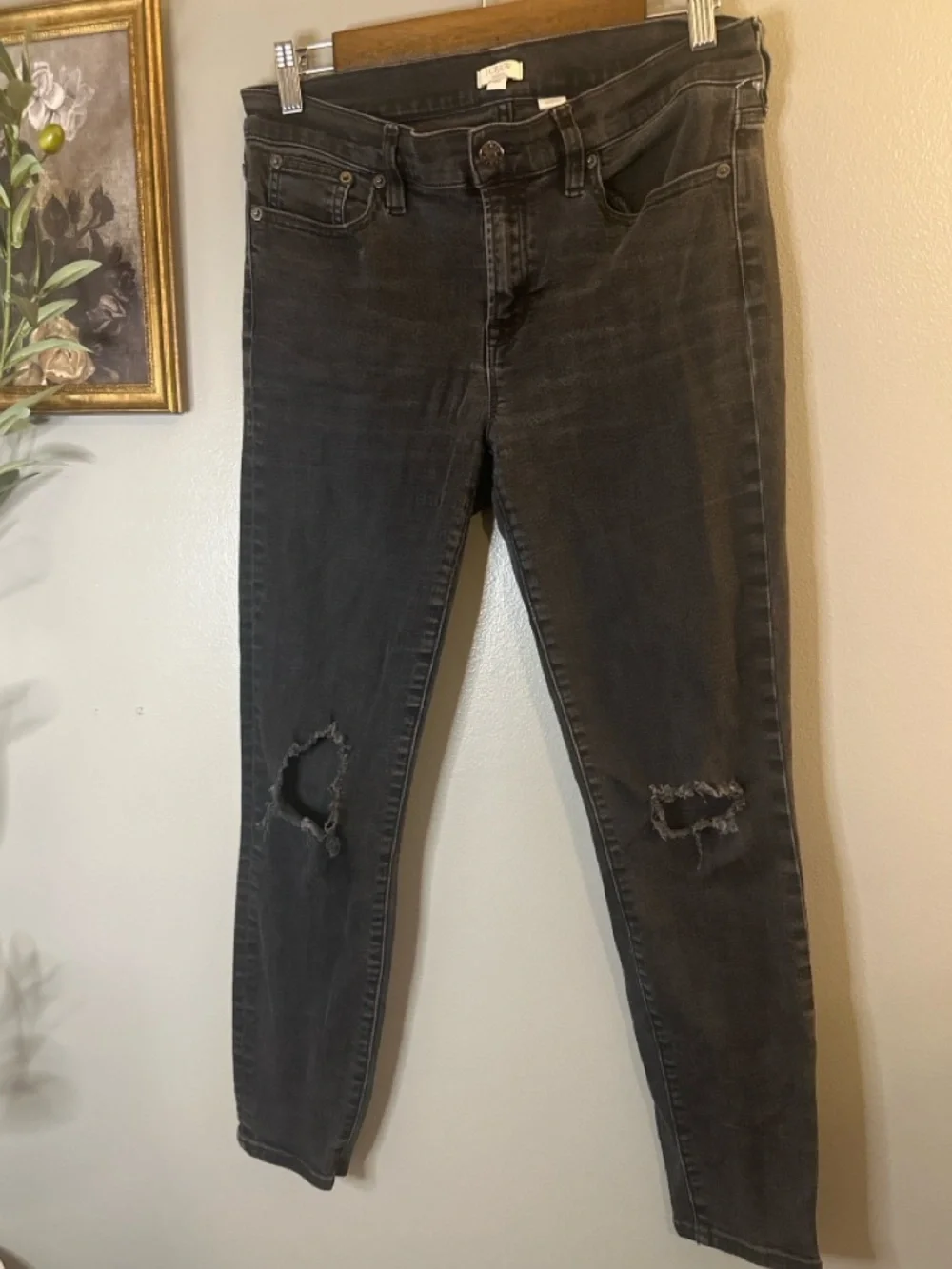 J.Crew Black Distressed Skinny Jeans Women’s 30 Stretch Ripped Knee Denim